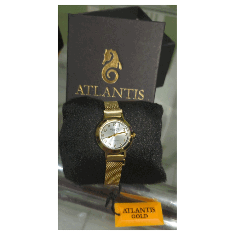 Relógio feminino Atlantis Gold com pulseira mesh dourada e mostrador branco