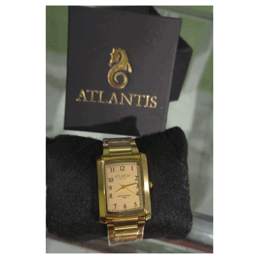 Relógio Atlantis Gold retangular dourado com pulseira de aço