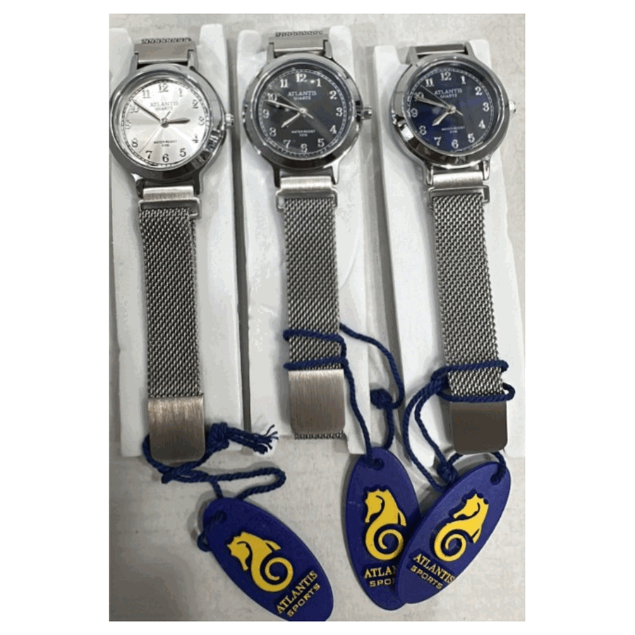 Relógios Atlantis prata com pulseira mesh em aço e mostradores branco, preto e azul