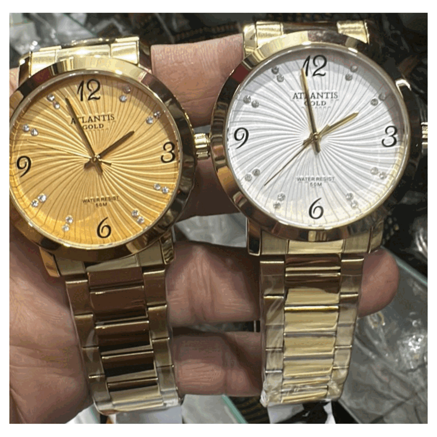 Relógio Atlantis Gold com pulseira de aço dourada e mostrador com cristais