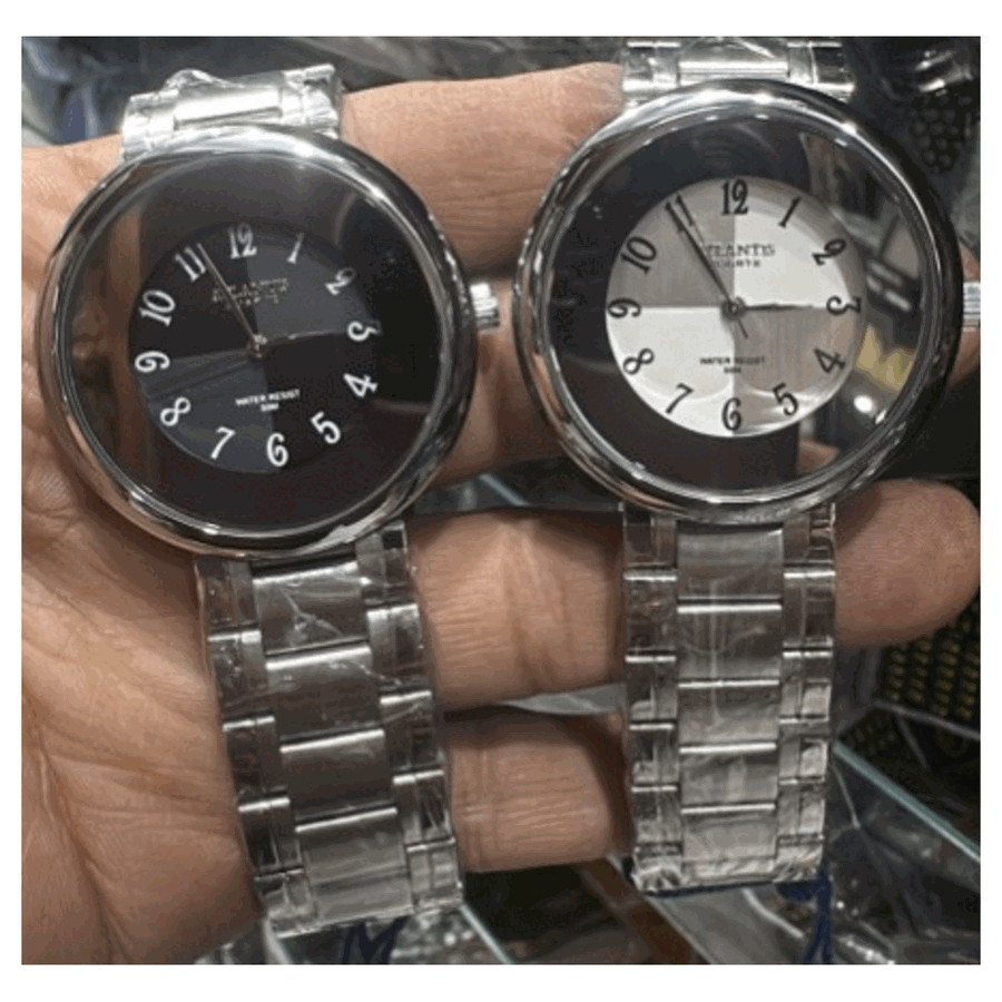 Relógio masculino Atlantis prata redondo com mostrador preto e pulseira de aço
