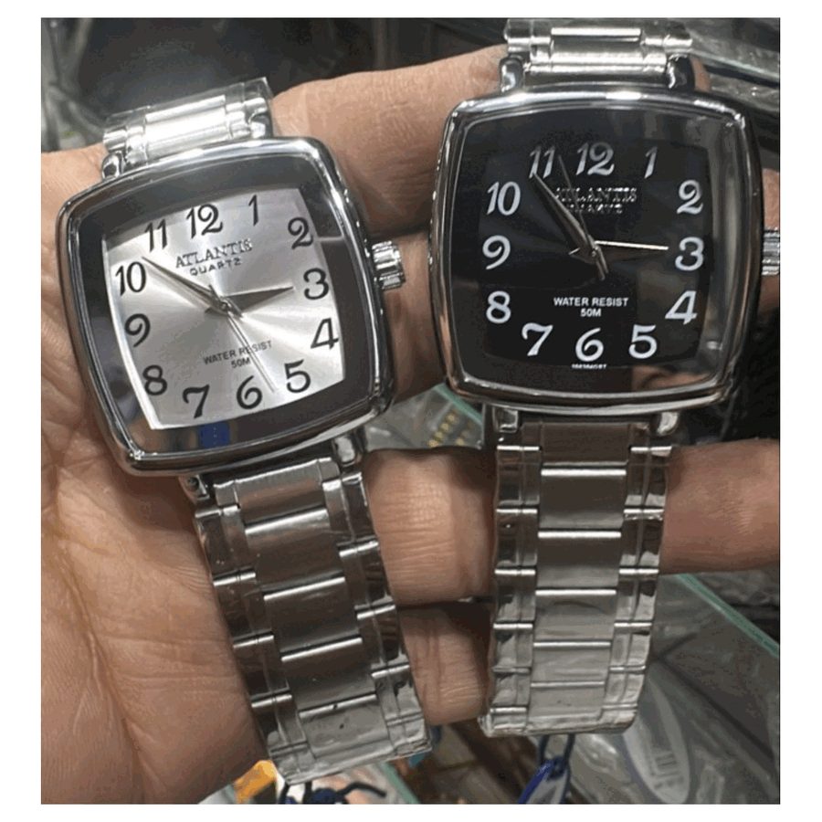 Relógio masculino Atlantis prata com caixa quadrada e pulseira de aço
